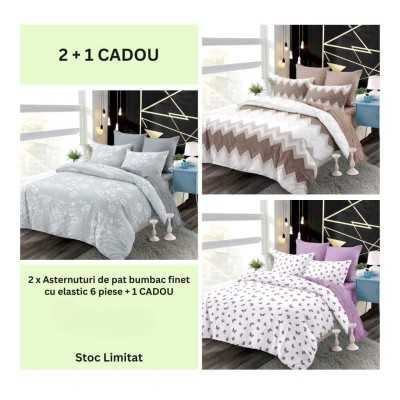 Lenjerie de pat bumbac finet cu elastic – 6 piese | 2 + 1 CADOU