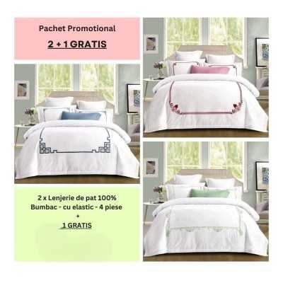 Lenjerie de pat 100% bumbac - cu elastic - 4 piese | 2 + 1