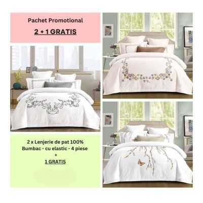 Lenjerie de pat 100% bumbac - cu elastic - 4 piese | 2 + 1