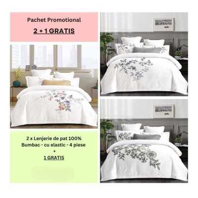 Lenjerie de pat 100% bumbac - cu elastic - 4 piese | 2 + 1
