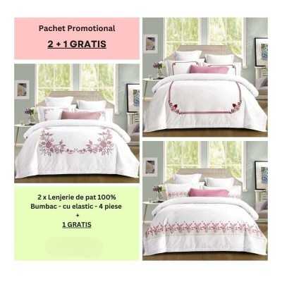 Lenjerie de pat 100% bumbac - cu elastic - 4 piese | 2 + 1