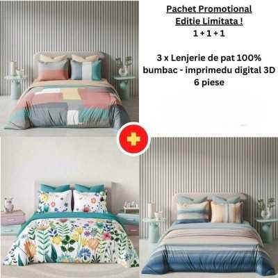 Pachet Promo 1+1+1 - Lenjerie de pat 100% bumbac - imprimeu