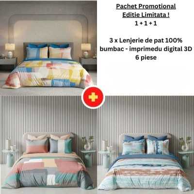 Pachet Promo 1+1+1 - Lenjerie de pat 100% bumbac - imprimeu