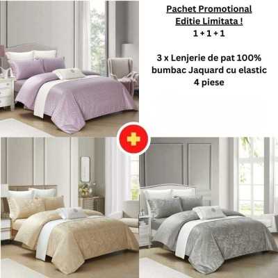 Pachet Promo 1+1+1 - Lenjerie de pat 100% bumbac Jaquard cu