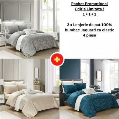 Pachet Promo 1+1+1 - Lenjerie de pat 100% bumbac Jaquard cu