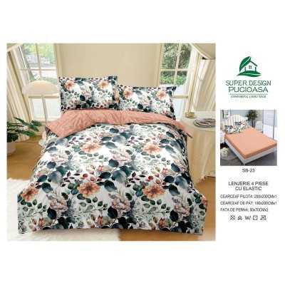 Lenjerie de pat bumbac finet – 4 piese cu elastic| 16889-V