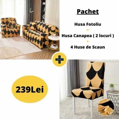 Pachet Promo Husa fotoliu + Husa canapea ( 2 locuri ) + 4 Huse de scaun | 4454-J