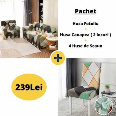 Pachet Promo Husa fotoliu + Husa canapea ( 2 locuri ) + 4 Huse de scaun | 4456-J