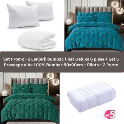 Pachet Promo – 2 Lenjerii bumbac finet Deluxe + Set 5 prosoape 100% Bumbac + Pilota + 2 Perne | 9232