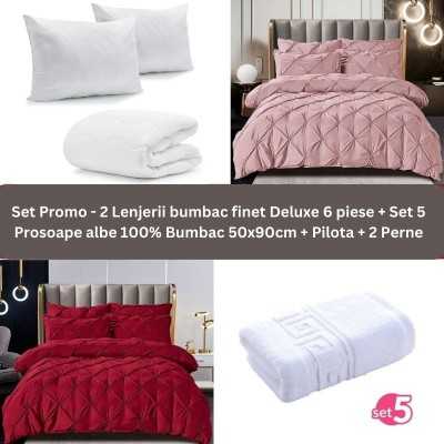 Pachet Promo – 2 Lenjerii bumbac finet Deluxe + Set 5 prosoape 100% Bumbac + Pilota + 2 Perne | 9233