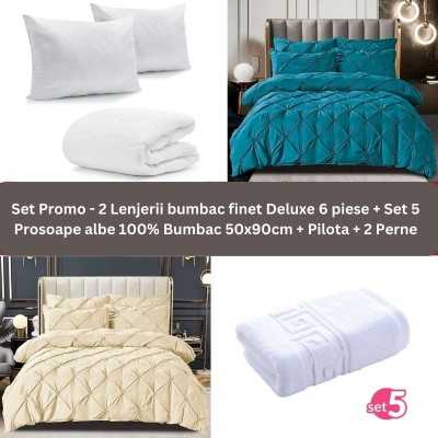 Pachet Promo – 2 Lenjerii bumbac finet Deluxe + Set 5 prosoape 100% Bumbac + Pilota + 2 Perne | 9234
