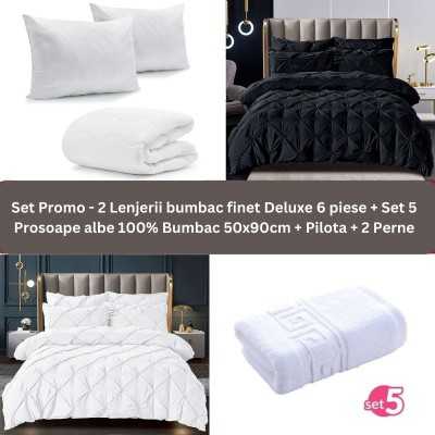 Pachet Promo – 2 Lenjerii bumbac finet Deluxe + Set 5 prosoape 100% Bumbac + Pilota + 2 Perne | 9235