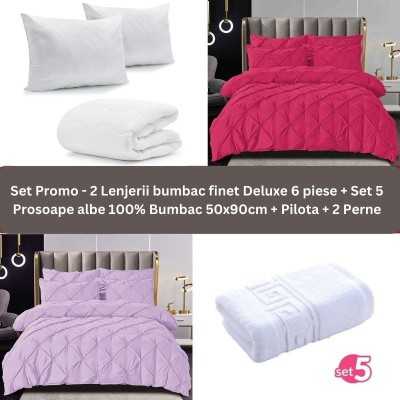 Pachet Promo – 2 Lenjerii bumbac finet Deluxe + Set 5 prosoape 100% Bumbac + Pilota + 2 Perne | 9236