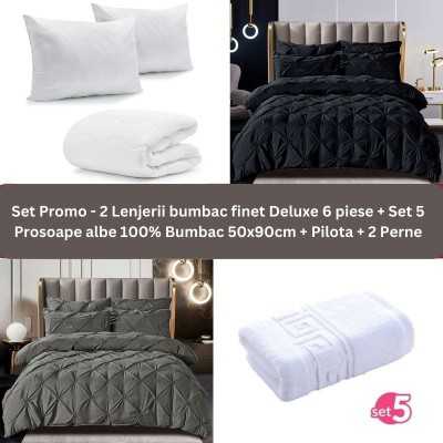 Pachet Promo – 2 Lenjerii bumbac finet Deluxe + Set 5 prosoape 100% Bumbac + Pilota + 2 Perne | 9237