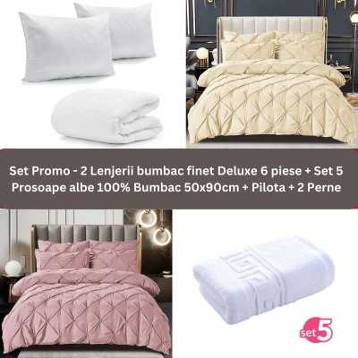 Pachet Promo – 2 Lenjerii bumbac finet Deluxe + Set 5 prosoape 100% Bumbac + Pilota + 2 Perne | 9239