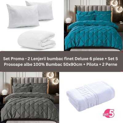 Pachet Promo – 2 Lenjerii bumbac finet Deluxe + Set 5 prosoape 100% Bumbac + Pilota + 2 Perne | 9240