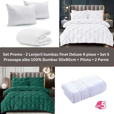 Pachet Promo – 2 Lenjerii bumbac finet Deluxe + Set 5 prosoape 100% Bumbac + Pilota + 2 Perne | 9241