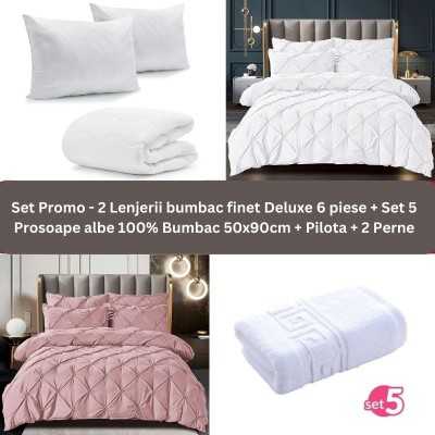 Pachet Promo – 2 Lenjerii bumbac finet Deluxe + Set 5 prosoape 100% Bumbac + Pilota + 2 Perne | 9242