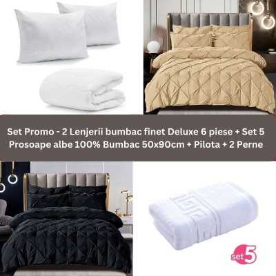 Pachet Promo – 2 Lenjerii bumbac finet Deluxe + Set 5 prosoape 100% Bumbac + Pilota + 2 Perne | 9243